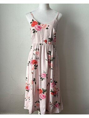 Floral Pink Midi Dress Linen-blend Cami Spaghetti Straps with pockets Sz M